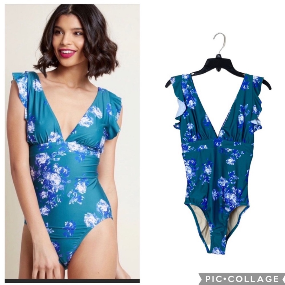 High Dive for ModCloth Lagoon Living Turquoise Floral  Ruffle Shoulder Size